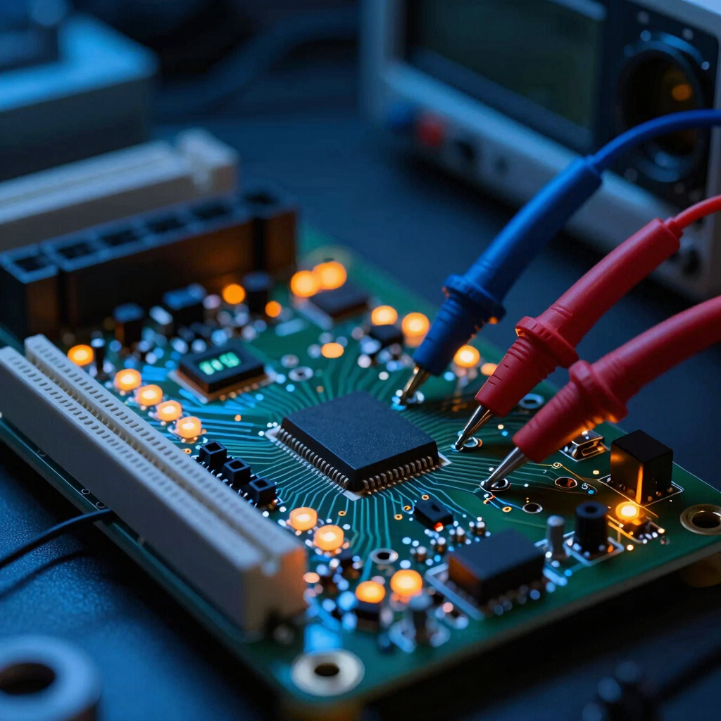 Macro shot of a high-tech circuit board with glowing orange status LEDs, oscilloscope probes attached to test points, dark laboratory background with neon blue ambient light, sharp technical details, 35mm lens.