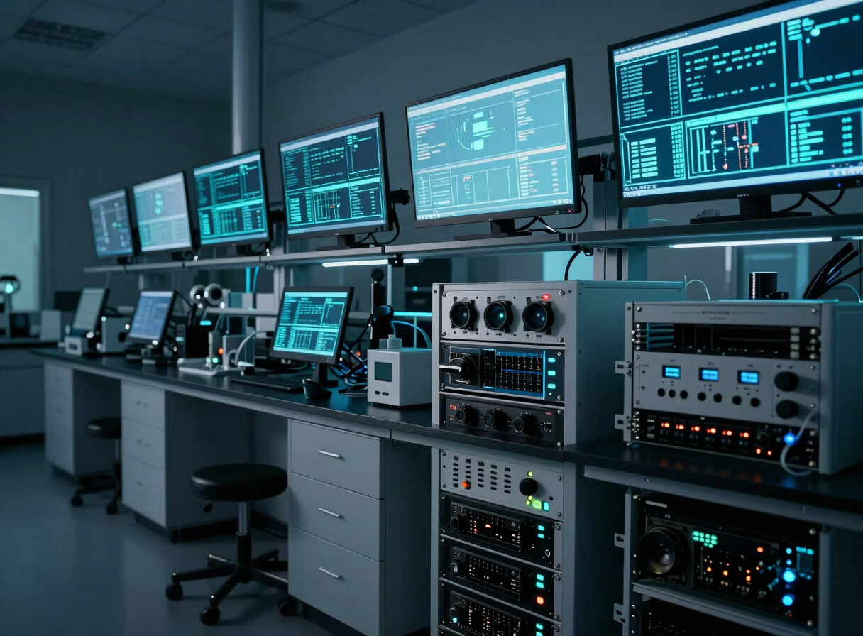 Wide shot of a modern laboratory space, specialized hardware racks, large screens displaying data, subtle neon cyan lighting, clean and organized.