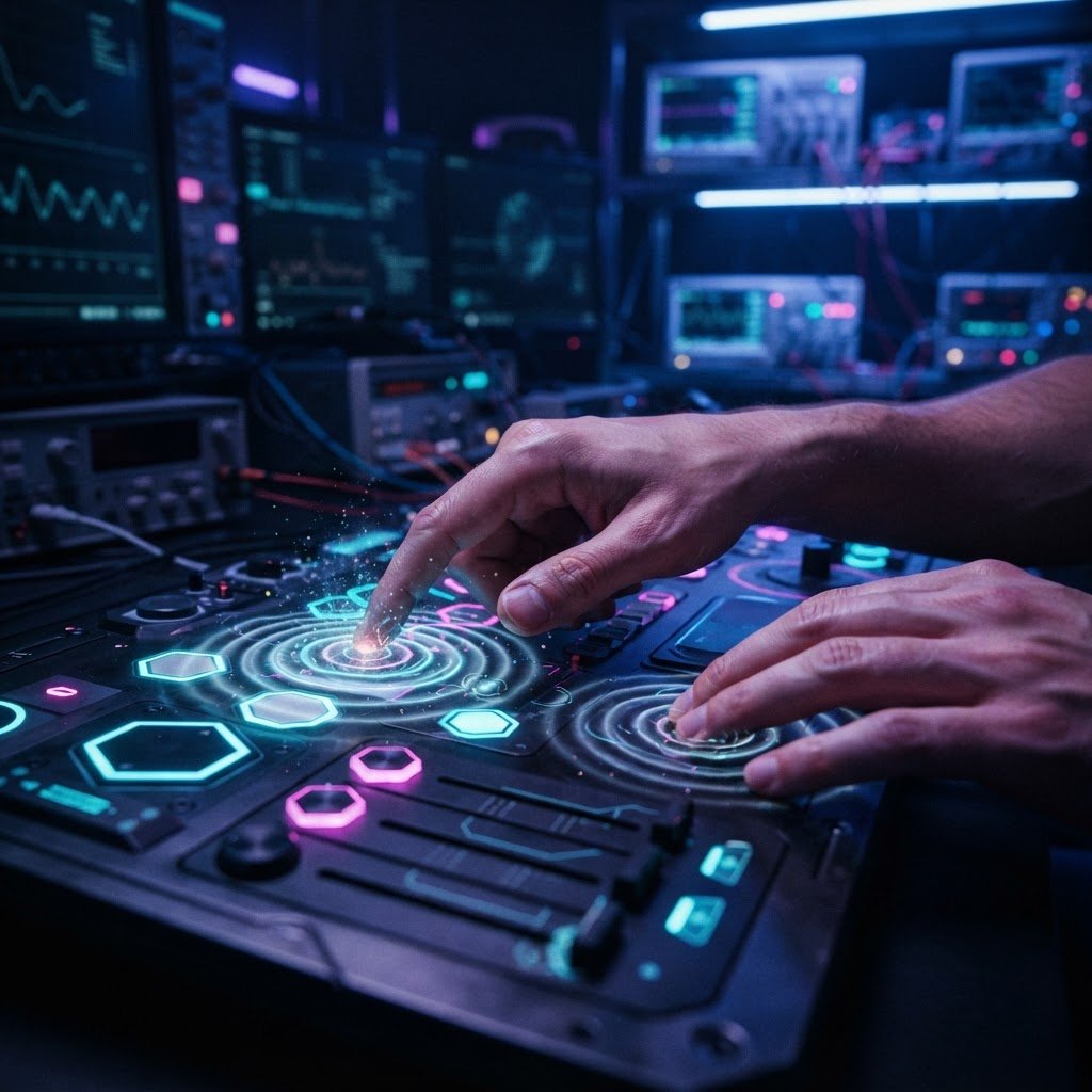 Primer plano de manos interactuando con una interfaz háptica personalizada, con vibraciones sutiles visibles como ondas de luz, en un entorno de laboratorio oscuro con iluminación de neón.